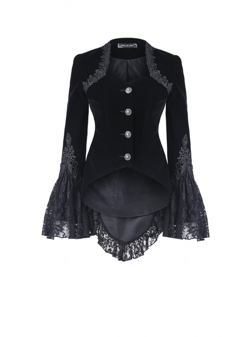 Embroidery Collar Front Metal Retro Button Long Sleeve Lace Hem Black Gothic Velvet Jacket