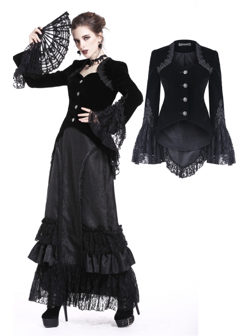 Embroidery Collar Front Metal Retro Button Long Sleeve Lace Hem Black Gothic Velvet Jacket