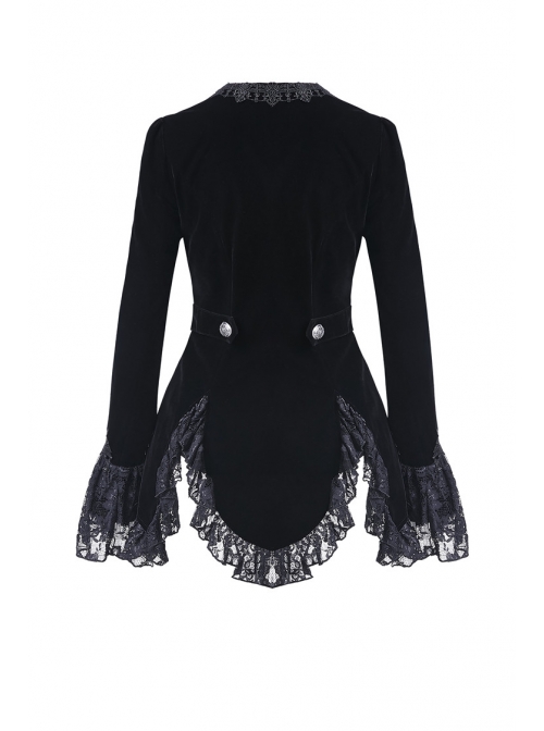 Embroidery Collar Front Metal Retro Button Long Sleeve Lace Hem Black Gothic Velvet Jacket
