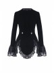 Embroidery Collar Front Metal Retro Button Long Sleeve Lace Hem Black Gothic Velvet Jacket