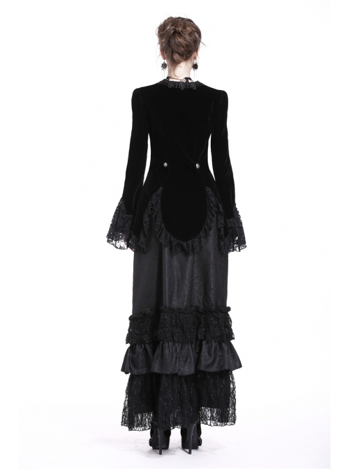 Embroidery Collar Front Metal Retro Button Long Sleeve Lace Hem Black Gothic Velvet Jacket