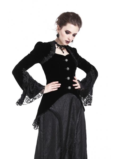 Embroidery Collar Front Metal Retro Button Long Sleeve Lace Hem Black Gothic Velvet Jacket