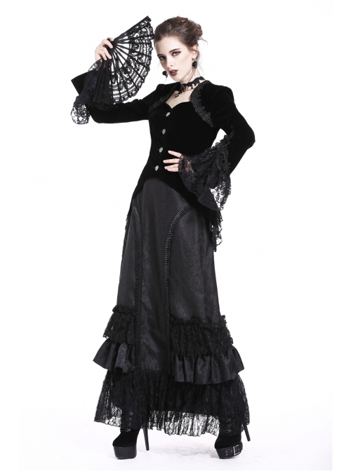 Embroidery Collar Front Metal Retro Button Long Sleeve Lace Hem Black Gothic Velvet Jacket