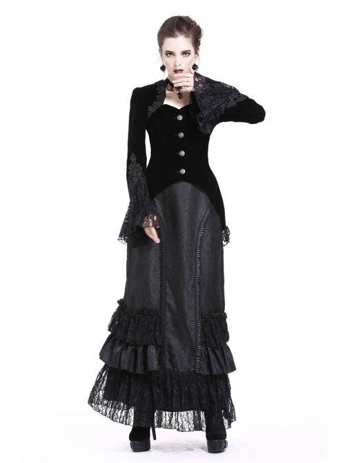 Embroidery Collar Front Metal Retro Button Long Sleeve Lace Hem Black Gothic Velvet Jacket