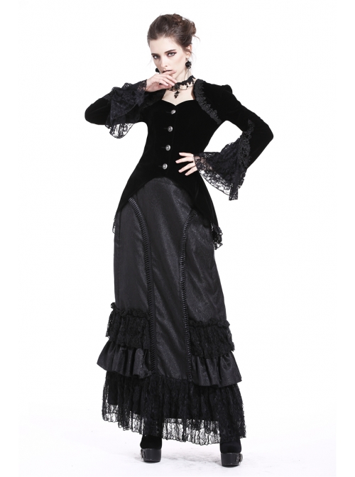 Embroidery Collar Front Metal Retro Button Long Sleeve Lace Hem Black Gothic Velvet Jacket