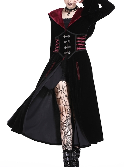 Front Metal Hasp Side Lace-Up Long Sleeve Flounce Cuff Black Gothic Hooded Velvet Long Jacket