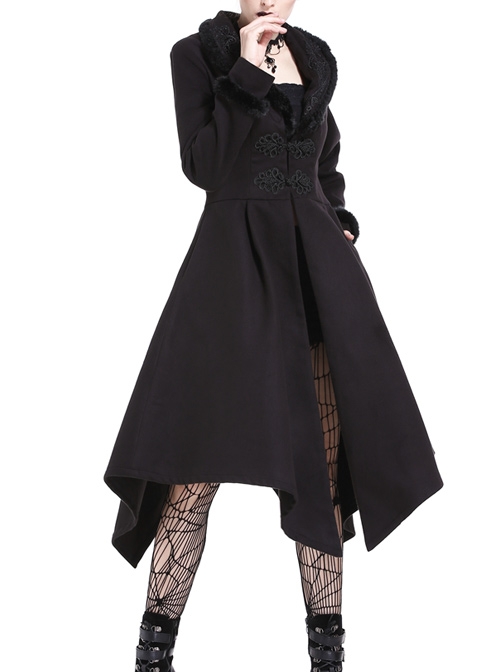 Embroidery Fur Collar Front Buckle Long Sleeve Frill Hem Black Gothic Coat