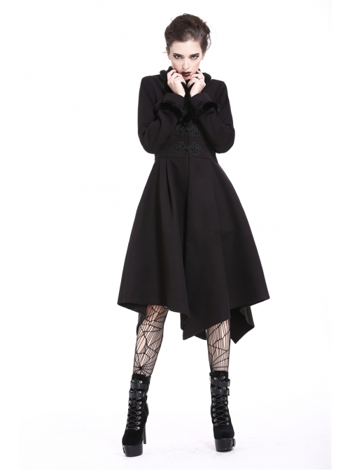 Embroidery Fur Collar Front Buckle Long Sleeve Frill Hem Black Gothic Coat