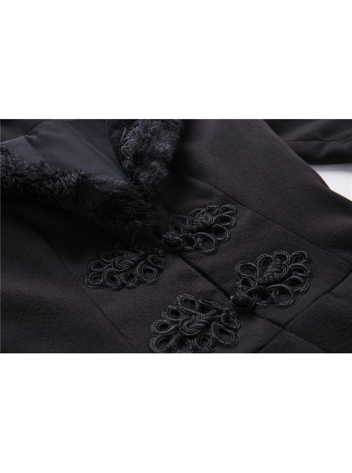 Embroidery Fur Collar Front Buckle Long Sleeve Frill Hem Black Gothic Coat