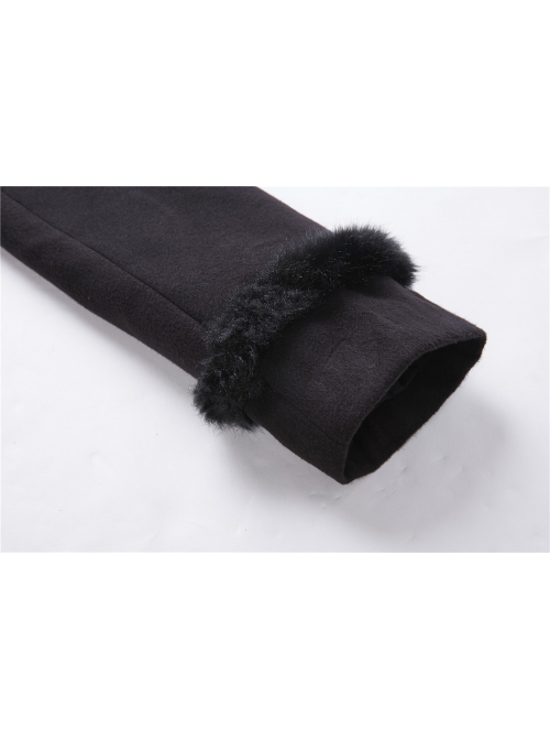 Embroidery Fur Collar Front Buckle Long Sleeve Frill Hem Black Gothic Coat