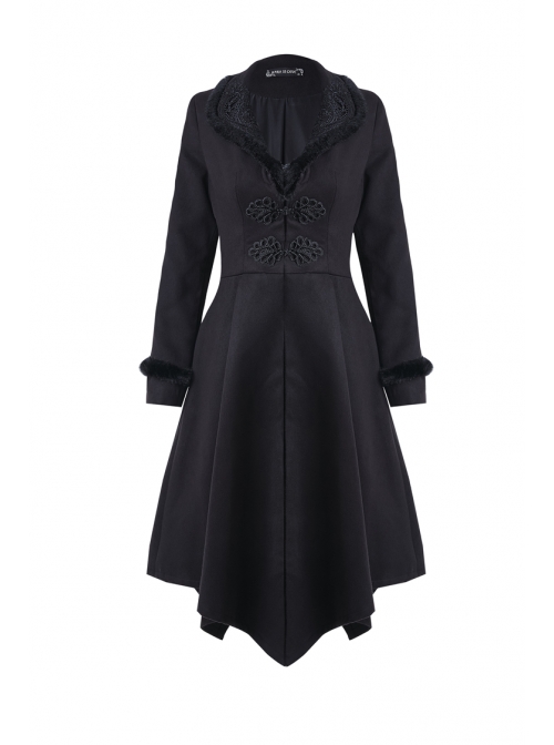 Embroidery Fur Collar Front Buckle Long Sleeve Frill Hem Black Gothic Coat