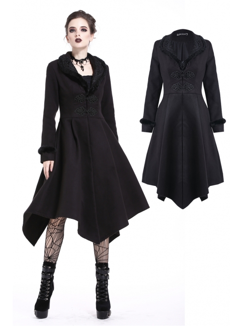 Embroidery Fur Collar Front Buckle Long Sleeve Frill Hem Black Gothic Coat