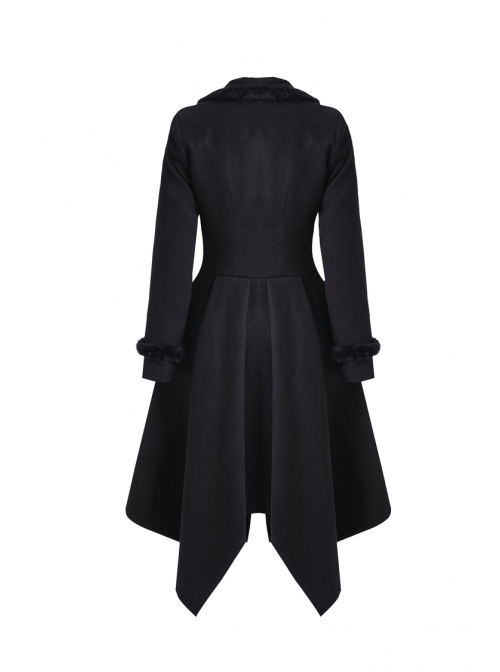 Embroidery Fur Collar Front Buckle Long Sleeve Frill Hem Black Gothic Coat
