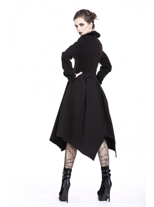 Embroidery Fur Collar Front Buckle Long Sleeve Frill Hem Black Gothic Coat