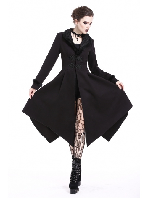 Embroidery Fur Collar Front Buckle Long Sleeve Frill Hem Black Gothic Coat