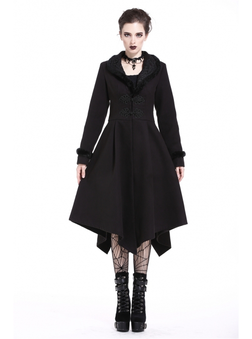 Embroidery Fur Collar Front Buckle Long Sleeve Frill Hem Black Gothic Coat