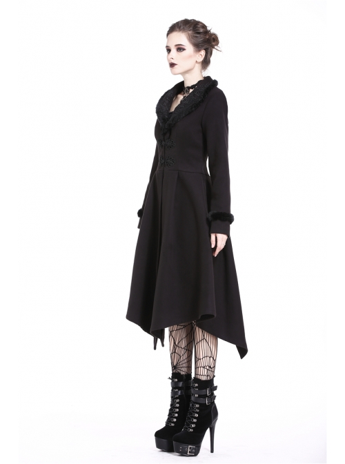 Embroidery Fur Collar Front Buckle Long Sleeve Frill Hem Black Gothic Coat