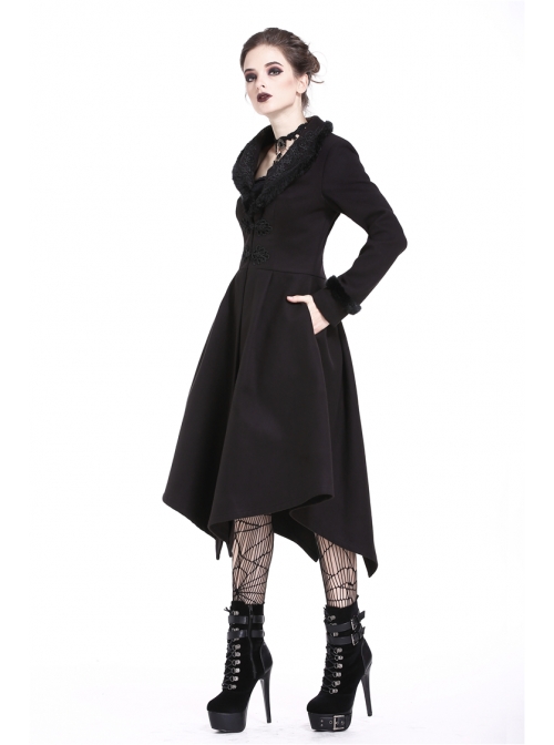Embroidery Fur Collar Front Buckle Long Sleeve Frill Hem Black Gothic Coat