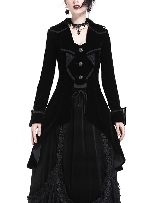 Front Chest Weave Strap Metal Retro Button Long Sleeve Pleated Hem Black Gothic Velvet Jacket