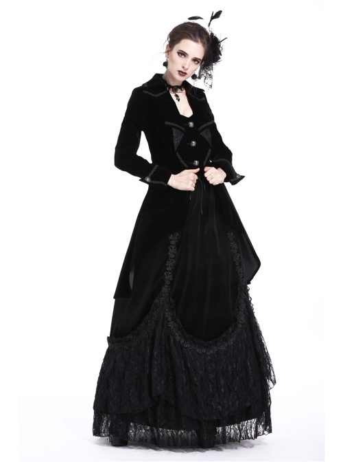 Front Chest Weave Strap Metal Retro Button Long Sleeve Pleated Hem Black Gothic Velvet Jacket