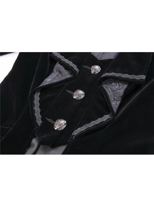 Front Chest Weave Strap Metal Retro Button Long Sleeve Pleated Hem Black Gothic Velvet Jacket