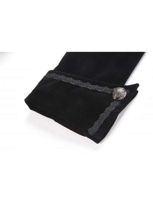 Front Chest Weave Strap Metal Retro Button Long Sleeve Pleated Hem Black Gothic Velvet Jacket