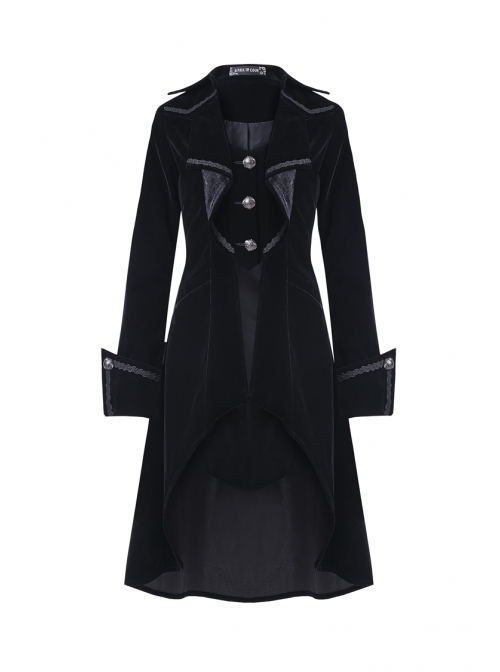 Front Chest Weave Strap Metal Retro Button Long Sleeve Pleated Hem Black Gothic Velvet Jacket