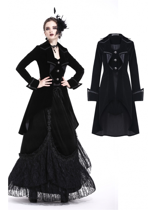 Front Chest Weave Strap Metal Retro Button Long Sleeve Pleated Hem Black Gothic Velvet Jacket
