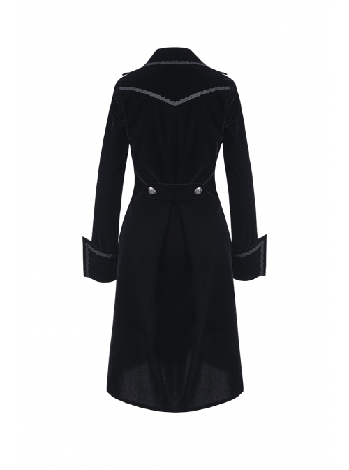 Front Chest Weave Strap Metal Retro Button Long Sleeve Pleated Hem Black Gothic Velvet Jacket