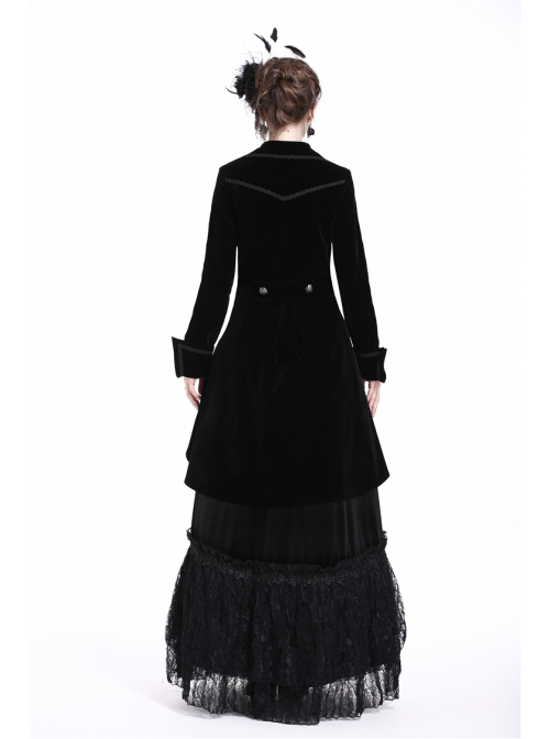 Front Chest Weave Strap Metal Retro Button Long Sleeve Pleated Hem Black Gothic Velvet Jacket