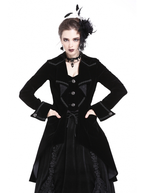 Front Chest Weave Strap Metal Retro Button Long Sleeve Pleated Hem Black Gothic Velvet Jacket