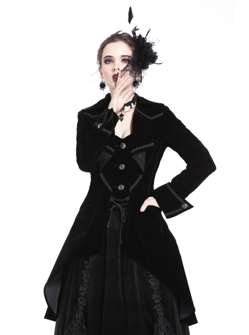 Front Chest Weave Strap Metal Retro Button Long Sleeve Pleated Hem Black Gothic Velvet Jacket