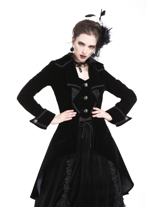 Front Chest Weave Strap Metal Retro Button Long Sleeve Pleated Hem Black Gothic Velvet Jacket