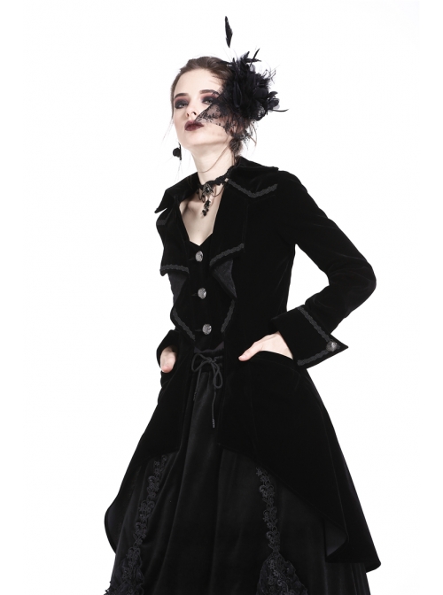 Front Chest Weave Strap Metal Retro Button Long Sleeve Pleated Hem Black Gothic Velvet Jacket