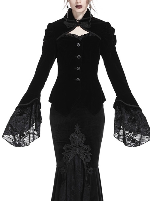 Front Chest Hollow-Out Retro Button Flare Sleeve Lace Cuff Back Lace-Up Black Gothic Velvet Jacket