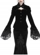 Front Chest Hollow-Out Retro Button Flare Sleeve Lace Cuff Back Lace-Up Black Gothic Velvet Jacket