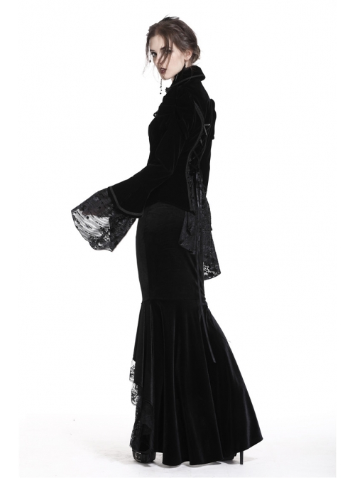 Front Chest Hollow-Out Retro Button Flare Sleeve Lace Cuff Back Lace-Up Black Gothic Velvet Jacket