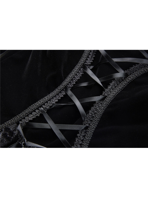 Front Chest Hollow-Out Retro Button Flare Sleeve Lace Cuff Back Lace-Up Black Gothic Velvet Jacket