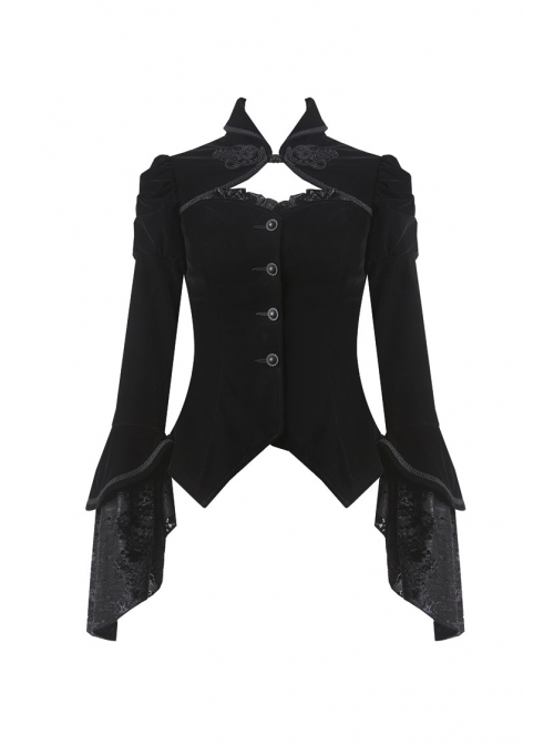 Front Chest Hollow-Out Retro Button Flare Sleeve Lace Cuff Back Lace-Up Black Gothic Velvet Jacket