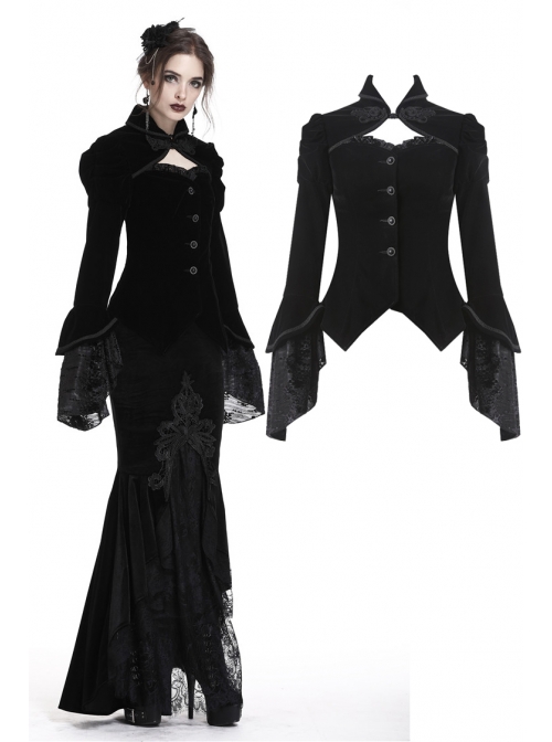 Front Chest Hollow-Out Retro Button Flare Sleeve Lace Cuff Back Lace-Up Black Gothic Velvet Jacket