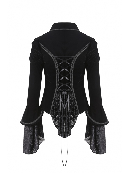 Front Chest Hollow-Out Retro Button Flare Sleeve Lace Cuff Back Lace-Up Black Gothic Velvet Jacket