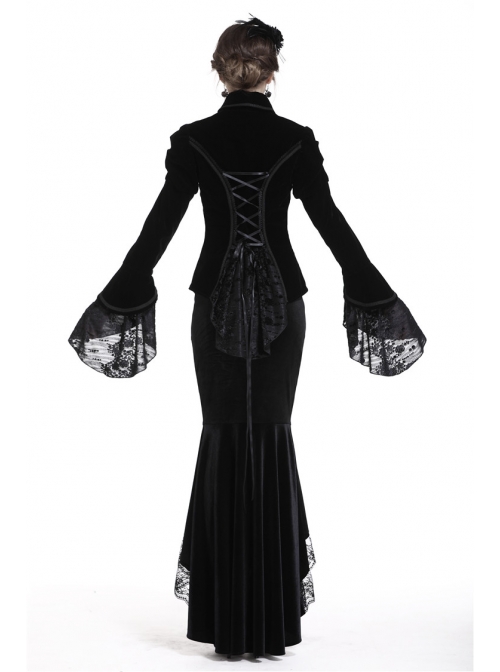 Front Chest Hollow-Out Retro Button Flare Sleeve Lace Cuff Back Lace-Up Black Gothic Velvet Jacket