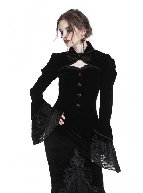 Front Chest Hollow-Out Retro Button Flare Sleeve Lace Cuff Back Lace-Up Black Gothic Velvet Jacket