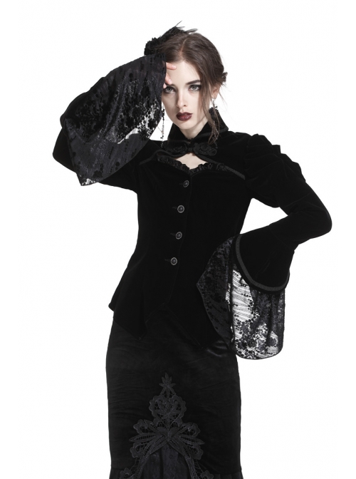 Front Chest Hollow-Out Retro Button Flare Sleeve Lace Cuff Back Lace-Up Black Gothic Velvet Jacket