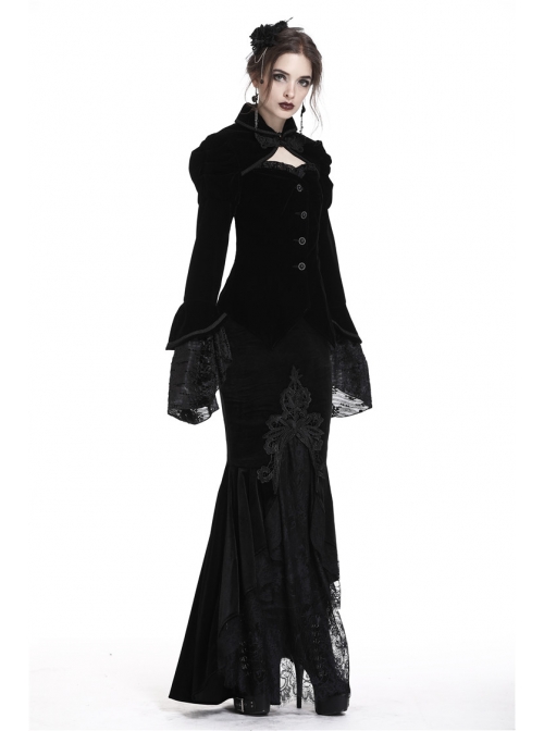 Front Chest Hollow-Out Retro Button Flare Sleeve Lace Cuff Back Lace-Up Black Gothic Velvet Jacket