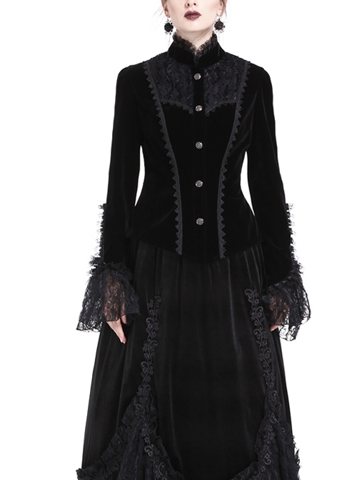 High Collar Front Chest Embroidery Metal Retro Button Flare Sleeve Lace Cuff Black Gothic Velvet Jacket