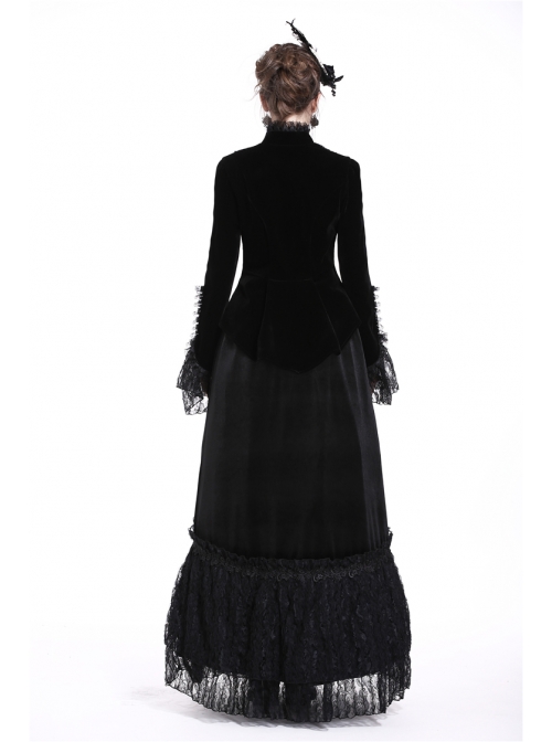 High Collar Front Chest Embroidery Metal Retro Button Flare Sleeve Lace Cuff Black Gothic Velvet Jacket