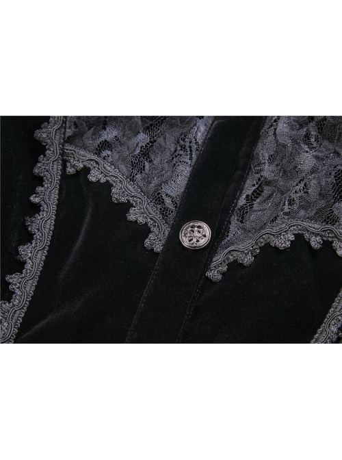 High Collar Front Chest Embroidery Metal Retro Button Flare Sleeve Lace Cuff Black Gothic Velvet Jacket