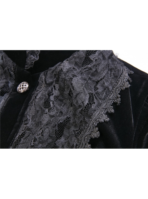 High Collar Front Chest Embroidery Metal Retro Button Flare Sleeve Lace Cuff Black Gothic Velvet Jacket