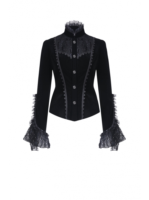High Collar Front Chest Embroidery Metal Retro Button Flare Sleeve Lace Cuff Black Gothic Velvet Jacket